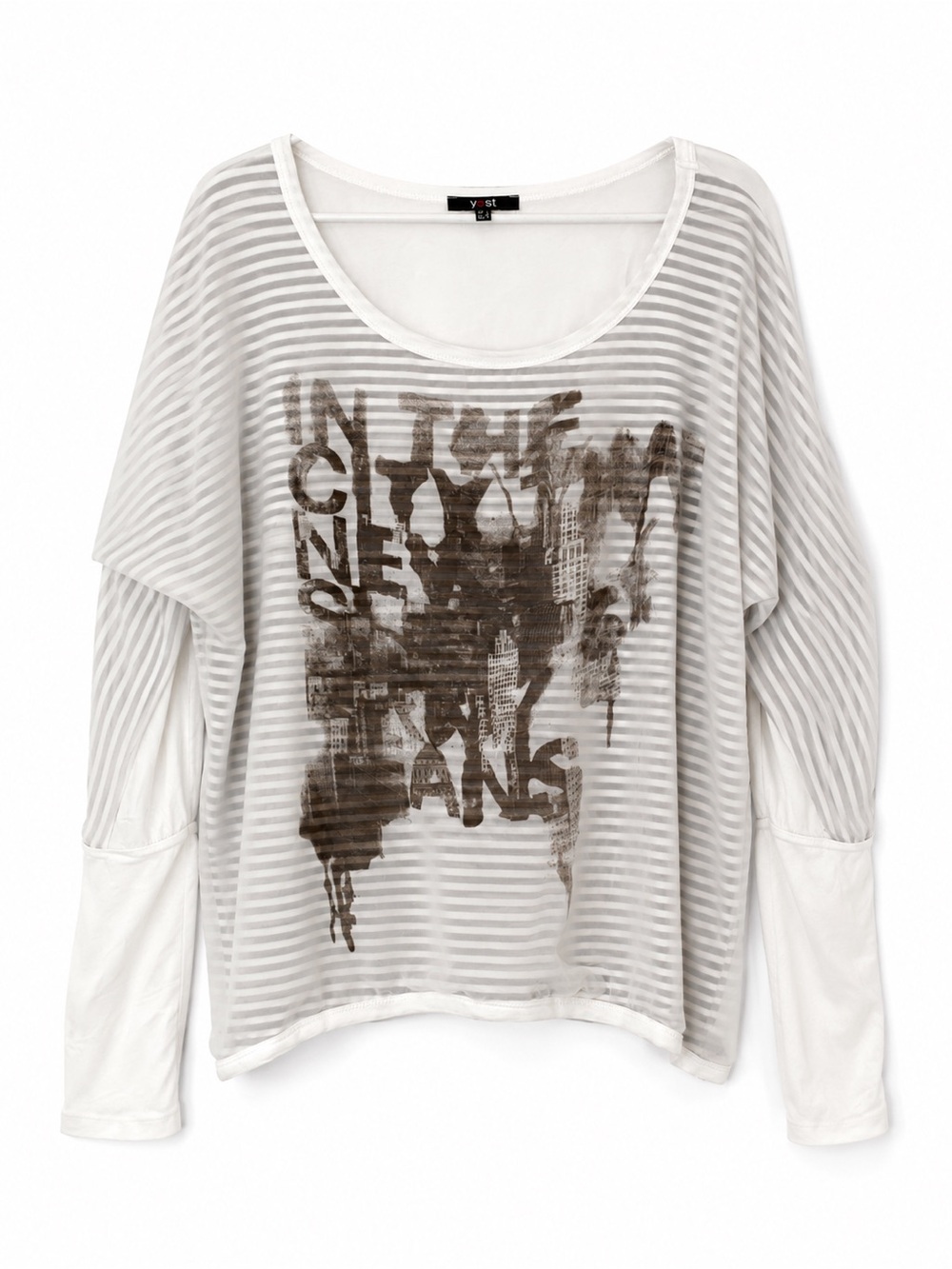 YEST Layered New York Graphic Stripe Long Sleeve Top White Gray US 10